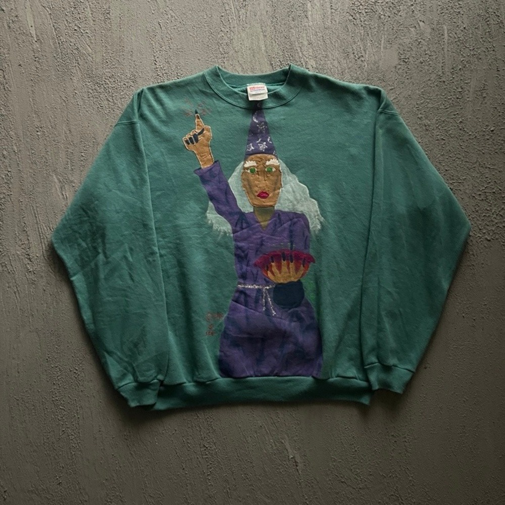 Vintage Witch Sweatshirt XL Green 1990s Hand Painted